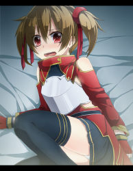 Rule 34 | 10s, 1girl, armor, black thighhighs, blush, brown hair, highres, keita (tundereyuina), open mouth, red eyes, short hair, short twintails, silica, solo, sword art online, thighhighs, thighs, twintails