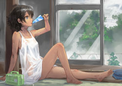 Rule 34 | 1girl, against wall, arm support, bad id, bad pixiv id, bare legs, bare shoulders, barefoot, black hair, blue eyes, body blush, breasts, butterfly net, cloud, cloudy sky, dark-skinned female, dark skin, dirty, dirty feet, dress, eating, feet, flat chest, food, from side, hair between eyes, hand net, holding, hot, indoors, knee up, legs, looking away, messy hair, nipples, no bra, no panties, on floor, open mouth, original, popsicle, power lines, profile, railing, see-through, short dress, short hair, sitting, sky, sliding doors, solo, sundress, sweat, tan, tree, utility pole, washi no tosaka, wet, wet clothes, wet dress, wet hair, white dress, window
