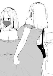 Rule 34 | 1boy, 1girl, bag, bangs pinned back, bare arms, bare shoulders, bra strap, breasts, cleavage, cowboy shot, curvy, dress, folded hair, glasses, greyscale, hair pulled back, handbag, highres, huge breasts, inne sulistya robin, long hair, looking at another, looking to the side, mask, monochrome, mouth mask, multiple views, norman maggot, original, profanity, sidelocks, sleeveless, sleeveless dress, standing, sweatdrop, symbol-only commentary, thought bubble