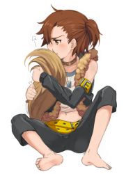Rule 34 | &gt;:t, 10s, 1boy, :t, bad id, bad pixiv id, barefoot, belt, blush, brown eyes, brown hair, collar, dog tags, dog tail, embarrassed, full body, idolmaster, idolmaster side-m, looking away, male focus, matching hair/eyes, navel, pout, sagami hako, side ponytail, simple background, sitting, solo, studded collar, tachibana shiro (idolmaster), tail, v-shaped eyebrows, white background