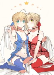 Rule 34 | 10s, 2girls, ahoge, armlet, artoria pendragon (all), artoria pendragon (fate), babydoll, bad id, bad twitter id, bare shoulders, bed sheet, black ribbon, blonde hair, blue eyes, blue panties, blue thighhighs, bow, bow panties, breasts, bunko (fumimatsu), cleavage, closed mouth, collarbone, fate/extra, fate/stay night, fate (series), frilled panties, frills, full body, green eyes, hair intakes, head tilt, holding, large breasts, looking at viewer, multiple girls, navel, nero claudius (fate), nero claudius (fate) (all), nero claudius (fate/extra), official alternate costume, one eye closed, panties, pulled by self, red legwear, ribbon, saber (fate), short hair, simple background, sitting, stomach, strap pull, thighhighs, underwear, wariza, white background, white bow