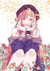 Rule 34 | 1girl, beret, black hat, blonde hair, blue eyes, blush, bracelet, camisole, candy print, crescent moon, fake nails, flower, hair ornament, hat, heart, heart print, highres, jewelry, kotoka torahime, legs together, lightning bolt print, long hair, looking at viewer, moon, multicolored hair, nijisanji, nijisanji en, off shoulder, red flower, red hair, red rose, rose, should28, smile, solo, star (symbol), star bracelet, starry background, striped camisole, teeth, too many flowers, two-tone hair, upper teeth only, virtual youtuber, white background, wristband, x hair ornament