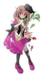 Rule 34 | 1girl, alphes (style), apron, black hat, black socks, blush, brown hair, capelet, dairi, damaged, dress, eyebrows, full body, hat, holding, kneehighs, leaf, long hair, mary janes, myouga (plant), nishida satono, open mouth, parody, puffy short sleeves, puffy sleeves, purple dress, purple eyes, purple footwear, red ribbon, ribbon, shoes, short sleeves, sidelocks, socks, solo, standing, style parody, tassel, tate eboshi, tears, torn clothes, torn dress, touhou, transparent background, waist apron, white apron, white capelet