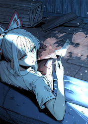 Rule 34 | 1girl, absurdres, barefoot, blouse, bow, cigarette, commentary, couch, crate, crossed legs, ddok, english commentary, fujiwara no mokou, hair bow, highres, holding, holding cigarette, leg up, long hair, looking at viewer, looking back, night, ofuda, ofuda on clothes, open mouth, pants, plank, red eyes, red pants, shirt, short sleeves, sidelocks, smoke, smoking, solo, touhou, white bow, white hair, white shirt, wooden floor