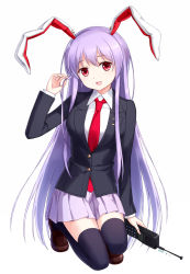 Rule 34 | 1girl, animal ears, black thighhighs, blush, crescent, female focus, hand in own hair, jacket, kneeling, long hair, looking at viewer, necktie, on one knee, open mouth, purple hair, rabbit ears, radio, red eyes, red necktie, reisen udongein inaba, shirt, skirt, smile, solo, thighhighs, touhou, tucana, zettai ryouiki