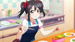 Rule 34 | 1girl, apron, artist name, artist request, black hair, blue apron, blush, bow, bowtie, breasts, brown skirt, chopsticks, female focus, food, hair between eyes, hair bow, holding, holding chopsticks, holding food, kitchen, long hair, looking at viewer, love live!, love live! school idol festival, love live! school idol festival all stars, love live! school idol project, oven, parted lips, plate, red bow, red eyes, shirt, short hair, short sleeves, short twintails, skirt, small breasts, smile, solo, sparkle, stove, table, twintails, white shirt, yazawa nico
