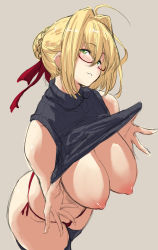 Rule 34 | 1girl, ahoge, barlunn, blonde hair, blush, braid, breasts, clothes lift, fate/extra, fate (series), french braid, green eyes, hair between eyes, hair bun, hair intakes, highres, large breasts, long hair, looking at viewer, navel, nero claudius (fate), nero claudius (fate) (all), nero claudius (fate/extra), nipples, panties, red panties, shirt lift, simple background, single hair bun, smile, thighs, underwear