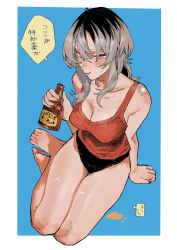 Rule 34 | 1girl, absurdres, arm behind back, arm support, bare legs, barefoot, beer bottle, black hair, black panties, blue background, blush, breasts, collarbone, feet, full body, grey eyes, grey hair, hair between eyes, highres, holding, large breasts, legs, long hair, looking at viewer, mashimashi, multicolored hair, no pants, on ground, open mouth, original, panties, red tank top, sidelocks, solo, speech bubble, tank top, thighs, toes, translation request, two-tone hair, underwear, urabe haruna (mashimashi)