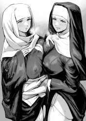 Rule 34 | 2girls, asymmetrical docking, black dress, blush, breast press, breasts, buddhism, catholic, cleavage, commentary request, covered erect nipples, dress, garter straps, greyscale, habit, hand on own chest, highres, ichiren takushou, kesa, large breasts, licking lips, lifted by self, mole, mole under eye, monochrome, multiple girls, nun, original, priestess, robe, robe lift, steam, steaming body, sweat, thighhighs, tongue, tongue out