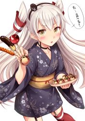 Rule 34 | 10s, 1girl, amatsukaze (kancolle), candy apple, chocolate banana, food, hair tubes, hairband, highres, hot dog, ichikawa feesu, japanese clothes, kantai collection, kimono, long hair, looking at viewer, red thighhighs, solo, takoyaki, thighhighs, translated, twintails, two side up, white hair, wide sleeves, yukata