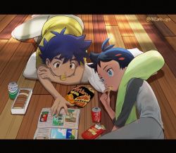 Rule 34 | 2boys, antenna hair, ash ketchum, bad id, bad twitter id, black hair, blue eyes, brown eyes, can, chips (food), commentary request, creatures (company), cushion, drink can, eating, food, game freak, goh (pokemon), grey pants, holding, indoors, letterboxed, lying, magazine (object), male focus, matsuno opa, multiple boys, nintendo, pants, pokemon, pokemon (anime), pokemon journeys, potato chips, raglan sleeves, reading, shirt, short hair, short sleeves, shorts, snack, soda can, tin can, twitter username, wooden floor, yellow shirt