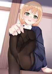 Rule 34 | 1girl, absurdres, blonde hair, blush, clothes pull, crossed legs, feet, green eyes, highres, jamie hazaford, long hair, looking at viewer, open mouth, pantyhose, pantyhose pull, shirogane no ishi argevollen, sitting, soles, toes
