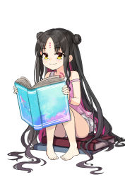 Rule 34 | 1girl, babydoll, bare shoulders, black hair, book, breasts, casual one-piece swimsuit, chest tattoo, closed mouth, coffeekite, double bun, dress swimsuit, facial mark, fate/grand order, fate (series), forehead mark, hair bun, highres, knees up, long hair, multicolored hair, one-piece swimsuit, open book, parted bangs, pink babydoll, pink hair, pink one-piece swimsuit, sessyoin kiara, sessyoin kiara (lily), sitting, small breasts, smile, solo, streaked hair, swimsuit, tattoo, very long hair, wavy hair, yellow eyes