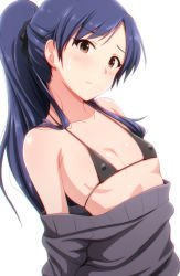Rule 34 | 1girl, alternate hairstyle, bikini, bikini top only, black bikini, blue hair, breasts, brown eyes, chromatic aberration, cleavage, clothes pull, covered erect nipples, hair ornament, halterneck, head tilt, highres, idolmaster, idolmaster (classic), kisaragi chihaya, off-shoulder, off-shoulder sweater, off shoulder, ponytail, simple background, small breasts, solo, sweater, sweater pull, swimsuit, tengu (tetuo kun), upper body, white background