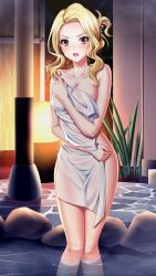 Rule 34 | 1girl, blonde hair, blush, breasts, cleavage, collarbone, covering privates, doukyuusei 2, doukyuusei another world, game cg, hair intakes, large breasts, long hair, maijima karen, nude cover, official art, onsen, open mouth, outdoors, red eyes, shiny skin, soaking feet, solo, standing, towel, v-shaped eyebrows, wading, white towel