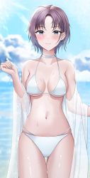 Rule 34 | 1girl, absurdres, aqua eyes, asakura toru, bare shoulders, bikini, blue sky, blush, breasts, choker, cleavage, closed mouth, cloud, collarbone, cowboy shot, day, earrings, highres, idolmaster, idolmaster shiny colors, jewelry, light rays, looking at viewer, medium breasts, navel, ocean, off shoulder, outdoors, parted bangs, purple hair, see-through, short hair, sky, smile, solo, stomach, sunbeam, sunlight, swimsuit, swimsuit cover-up, thigh gap, tio (005), white bikini, white choker