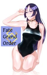 Rule 34 | 1girl, absurdres, bad id, bad pixiv id, black one-piece swimsuit, choker, commentary request, competition swimsuit, copyright name, cowboy shot, fate (series), highleg, highleg swimsuit, highres, long hair, minamoto no raikou (fate), one-piece swimsuit, parted bangs, purple eyes, purple hair, seiza, sitting, solo, swimsuit, thigh gap, very long hair, volyz