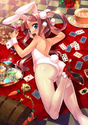 Rule 34 | 1girl, :d, animal ears, ass, backless outfit, bare back, bare legs, bare shoulders, blue eyes, blush, brown eyes, cake, card, carrot, carrot cake, chalice, checkered floor, child, cocktail glass, cookie, cup, drink, drinking glass, drunk, fake animal ears, fang, flat chest, food, food-themed hair ornament, glass, hair ornament, hair rings, high heels, highres, kneepits, koihime musou, legs, leotard, looking back, lying, on stomach, open mouth, pantyhose, pink hair, plate, playboy bunny, pocket watch, pom pom (clothes), rabbit ears, rabbit tail, shiny skin, shirane taito, shoes, smile, solo, sonshoukou, stiletto heels, tail, treasure chest, watch, white pantyhose, wrist cuffs