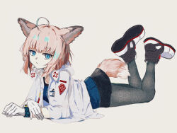 Rule 34 | 1girl, ahoge, animal ear fluff, animal ears, arknights, black pantyhose, black skirt, blonde hair, blue eyes, blue shirt, breasts, closed mouth, collarbone, fox ears, fox girl, fox tail, full body, gloves, grey background, highres, jacket, legs up, long sleeves, looking at viewer, lying, on stomach, pantyhose, shirt, shoe soles, shoes, simple background, skirt, small breasts, sussurro (arknights), tail, violetstone, white footwear, white gloves, white jacket, wide sleeves