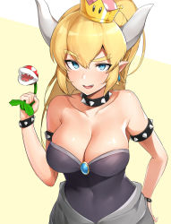 Rule 34 | 1girl, :d, bare shoulders, blonde hair, blue eyes, borrowed character, bowsette, breasts, cleavage, collarbone, covered navel, crown, dress, earrings, half-closed eyes, hand on own hip, highres, horns, jewelry, large breasts, leaning forward, looking at viewer, mario (series), new super mario bros. u deluxe, nintendo, noel (nnoelllll), open mouth, piranha plant, pointy ears, sharp teeth, smile, solo, strapless, strapless dress, super crown, teeth, thick eyebrows