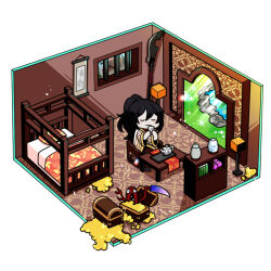 Rule 34 | 1boy, alternate hair color, bars, bed, black hair, blanket, chair, coin, cup, gold, grass, guan dao, high ponytail, holding, holding cup, hong lu (project moon), jar, lamp, limbus company, on chair, pa rsnip, pillow, pink shoes (project moon), polearm, pond, project moon, shelf, sunlight, table, tea, teacup, teapot, treasure chest, wayward passenger