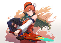 Rule 34 | 1girl, beret, blush, breasts, chef hat, choker, closed mouth, detached sleeves, earrings, erezu, expressionless, feather earrings, feathers, fiery background, fire, green hair, hat, highres, holding, holding shield, holding sword, holding weapon, hololive, hololive english, jewelry, mini hat, orange hair, orange hat, orange shirt, orange skirt, red eyes, ribbon choker, shield, shirt, skirt, sleeveless, sleeveless shirt, solo, sword, takanashi kiara, virtual youtuber, weapon, white background, white hat