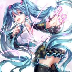 Rule 34 | 1girl, 39, aqua eyes, aqua hair, boots, detached sleeves, hatsune miku, hatsune miku (vocaloid3), headset, iria (yumeirokingyo), long hair, looking at viewer, making-of available, necktie, open mouth, skirt, solo, thigh boots, thighhighs, twintails, very long hair, vocaloid