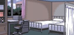 Rule 34 | 1990s (style), 4bpp, akiko gold, aliasing, bed, chair, cloud, curtains, day, desk, game cg, indoors, no humans, office chair, pc98, pillow, retro artstyle, school infirmary, shelf, swivel chair, tagme, tree, window