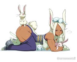 Rule 34 | 1girl, :/, absurdres, all fours, animal, animal ears, animal on arm, animal on ass, animal on head, animal on leg, bare shoulders, blush, boku no hero academia, breasts, clothing cutout, commentary, crescent print, dark-skinned female, dark skin, english commentary, from side, full body, fur collar, gloves, hand on own chin, head rest, highleg, highleg leotard, highres, large breasts, legs, leotard, long eyelashes, long hair, looking at viewer, mirko, on head, parted bangs, purple thighhighs, rabbit, rabbit ears, rabbit girl, rabbit on hand, rabbit on head, rabbit tail, red eyes, sleeveless turtleneck leotard, solo, tail, tail through clothes, taut leotard, thick thighs, thighhighs, thighs, toned, twitter username, white background, white gloves, white hair, white leotard, zero momentai