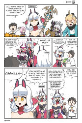 Rule 34 | 1boy, 6+girls, alter servant, angry, animal ears, atalanta (fate), atalanta alter (fate), bare shoulders, biting, black scarf, breasts, carmilla (fate), comic, commentary, covered eyes, dragon girl, dragon horns, elizabeth bathory (fate), elizabeth bathory (fate/extra ccc), english commentary, english text, fangs, fate/grand order, fate (series), fujimaru ritsuka (male), hair over one eye, highres, horns, large breasts, mash kyrielight, monkey jon, multiple girls, okita souji (fate), pink hair, revealing clothes, scarf, short hair
