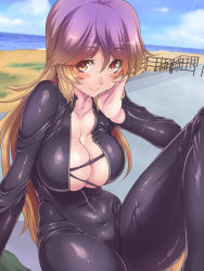 Rule 34 | 1girl, beach, biker clothes, bikesuit, blue sky, blush, bodysuit, breasts, brown eyes, brown hair, cleavage, closed mouth, cloud, collarbone, commentary request, day, gradient hair, hair between eyes, hand on own cheek, hand on own face, hand up, hijiri byakuren, knee up, large breasts, light brown hair, long hair, long sleeves, looking at viewer, multicolored hair, ocean, open clothes, outdoors, outstretched arm, parted bangs, purple hair, railing, shiny clothes, sitting, skin tight, skindentation, sky, smile, solo, suikamaru, touhou, turbo byakuren, two-tone hair, unzipped, very long hair, water, zipper