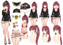 Rule 34 | 1girl, akasaai, alternate hairstyle, anchor symbol, ankle strap, bare legs, baseball cap, bikini, bikini under clothes, black footwear, black headwear, black jacket, black ribbon, blush, breasts, cleavage, closed eyes, closed mouth, commentary, concept art, cowboy shot, earrings, eyewear on headwear, feet, full body, gradient hair, hair between eyes, hair down, hair ribbon, halterneck, hat, heart, heart-shaped eyewear, heart earrings, heart necklace, heterochromia, highres, hololive, houshou marine, houshou marine (summer), insignia, jacket, jewelry, long hair, long sleeves, looking at viewer, medium breasts, multicolored hair, multiple views, navel, necklace, o-ring, o-ring legwear, o-ring thigh strap, official alternate costume, official art, open mouth, partially unzipped, pin, plaid, platform footwear, ponytail, purple hair, red bikini, red eyes, red hair, ribbon, sandals, short shorts, shorts, simple background, skull cup, sleeves past wrists, smile, stomach, straight hair, string bikini, swimsuit, thigh strap, thighs, toes, twintails, two-sided fabric, two-sided jacket, two-tone hair, upper body, very long hair, virtual youtuber, white background, white shorts, yellow eyes