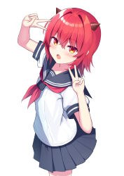 Rule 34 | 1girl, arm up, black sailor collar, black skirt, blush, commentary request, double v, hair between eyes, hair intakes, hand up, highres, horns, kaie, looking at viewer, neckerchief, open mouth, original, pleated skirt, puffy short sleeves, puffy sleeves, red eyes, red hair, red neckerchief, sailor collar, school uniform, serafuku, shirt, short sleeves, simple background, skirt, solo, v, white background, white shirt