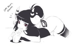 Rule 34 | 1girl, animal ears, arched back, ass, black hair, black thighhighs, cum, cum in mouth, girl on top, glory hole, greyscale, hetero, horns, monochrome, no panties, obj shep, oral, partially undressed, penis, pussy, pussy juice, sheep girl, sheep horns, solo focus, spot color, spread legs, spread pussy, thighhighs, uncensored