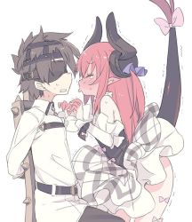 Rule 34 | 10s, 1boy, 1girl, bare shoulders, black blindfold, black pants, blade (galaxist), blindfold, blue ribbon, blush, brown hair, chair, chaldea uniform, closed eyes, commentary request, curled horns, detached sleeves, dragon girl, dragon horns, dragon tail, elizabeth bathory (fate), elizabeth bathory (fate/extra ccc), elizabeth bathory (second ascension) (fate), fate/extra, fate/extra ccc, fate/grand order, fate (series), fujimaru ritsuka (male), full-face blush, hair between eyes, hair ribbon, hands up, horns, imminent kiss, jacket, long hair, long sleeves, pants, parted lips, plaid, plaid skirt, pointy ears, profile, red hair, ribbon, simple background, sitting, skirt, standing, sweat, tail, tail raised, tears, trembling, two side up, uniform, very long hair, white background, white jacket, white skirt