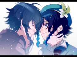 Rule 34 | 2boys, ahoge, beret, black hair, blue eyes, blue hair, blurry, bow, braid, brown robe, closed mouth, commentary, depth of field, dual persona, closed eyes, film grain, flower, genshin impact, gradient hair, green headwear, hand on another&#039;s cheek, hand on another&#039;s face, hat, hat flower, kouzuki (kuzk 0512), letterboxed, light particles, long sleeves, looking at another, male focus, multicolored hair, multiple boys, puffy sleeves, robe, sideways mouth, smile, spoilers, striped, striped bow, time paradox, twin braids, venti (genshin impact), aged down