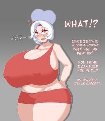 Rule 34 | 1girl, absurdres, blush, breasts, cleavage, curvy, duskyer, english text, female focus, gigantic breasts, glasses, grey background, highres, looking at viewer, midriff, navel, nervous, nintendo, open mouth, outline, plump, purah, red eyes, smile, solo, sports bra, sweat, the legend of zelda, the legend of zelda: breath of the wild, the legend of zelda: tears of the kingdom, thick thighs, thighs, white hair, white outline, wide hips