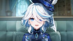 Rule 34 | 1girl, ahoge, ascot, blue brooch, blue eyes, blue gemstone, blue hair, blue hat, blue jacket, cowlick, drop-shaped pupils, furina (genshin impact), gem, genshin impact, hair between eyes, hat, heterochromia, highres, jacket, light blue hair, lizhilv, long hair, looking at viewer, mismatched pupils, multicolored hair, open mouth, smile, solo, streaked hair, symbol-shaped pupils, top hat, white hair