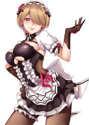 Rule 34 | 1girl, absurdres, apron, black gloves, black pantyhose, breasts, bridal garter, clothing cutout, contrapposto, flower, frills, gloves, hair over one eye, hand on own hip, highres, honkai (series), honkai impact 3rd, horns, large breasts, light brown hair, looking at viewer, maid, maid headdress, pantyhose, pink eyes, pink flower, pink lips, pink rose, puffy short sleeves, puffy sleeves, rita rossweisse, rita rossweisse (umbral rose), rose, short hair, short sleeves, shrug (clothing), simple background, smile, solo, thigh strap, underboob cutout, waist apron, white background, wo cai bushi zhushou