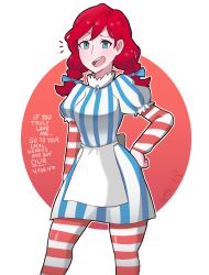Rule 34 | 1girl, :d, apron, blue bow, blue eyes, blush, bow, braid, breasts, dress, english text, female focus, hair bow, hand on own hip, highres, lipstick, looking at viewer, makeup, open mouth, pinstripe pattern, puffy short sleeves, puffy sleeves, red eyes, red hair, red lips, sarukaiwolf, short sleeves, simple background, smile, smug, solo, striped legwear, text focus, twin braids, twintails, wendy&#039;s, wendy (wendy&#039;s), white background