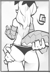 Rule 34 | 1girl, ass, ass grab, back, bare pectorals, disembodied hand, dragon, dragon girl, greyscale, highres, horns, lifted by tail, long hair, monochrome, original, pectorals, rawsins, self-upload, standing, tail, topless, underwear, underwear only