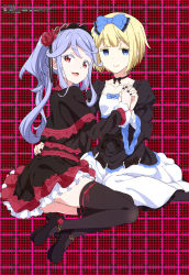 Rule 34 | 2girls, :d, absurdres, amano arisu, ass, black bow, black capelet, black choker, black dress, black footwear, black hairband, black legwear, black nails, blonde hair, blue bow, blue eyes, blue ribbon, bow, breasts, capelet, choker, collarbone, colored eyelashes, dress, dress bow, fingernails, flower, flower ornament, frilled bow, frilled dress, frills, gold trim, gothic lolita, hair flower, hair ornament, hair ribbon, hairband, hand on another&#039;s waist, highres, holding hands, interlocked fingers, itou kurosu, juliet sleeves, lace, lace-trimmed capelet, lace-trimmed dress, lace trim, layered dress, light purple hair, lolita fashion, lolita hairband, long sleeves, looking at viewer, looking back, magazine scan, mary janes, megami magazine, multiple girls, nail polish, official art, open mouth, parted bangs, pink lips, plaid, plaid background, print footwear, puffy sleeves, red eyes, red flower, red ribbon, red rose, ribbon, ribbon-trimmed legwear, ribbon trim, rose, scan, shoes, short hair, sitting, skindentation, small breasts, smile, thighhighs, tongue, twocar, white dress, white frills, yamamoto ryousuke, yokozuwari, zettai ryouiki