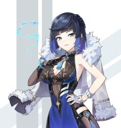 Rule 34 | 1girl, absurdres, angcha, black hair, blue dress, blue hair, breasts, dress, genshin impact, green eyes, hand on own breast, highres, large breasts, looking at viewer, short hair, sleeveless, smile, solo, upper body, water, white background, yelan (genshin impact)