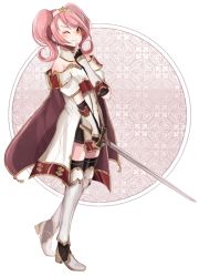 Rule 34 | 1girl, black gloves, cape, celica (fire emblem), celica (fire emblem) (cosplay), closed mouth, cosplay, detached collar, fingerless gloves, fire emblem, fire emblem echoes: shadows of valentia, full body, gloves, hair ornament, hairband, high heels, holding, holding sword, holding weapon, mae (fire emblem), nintendo, one eye closed, pink hair, reinynii, smile, solo, standing, sword, thighhighs, twintails, weapon, zettai ryouiki