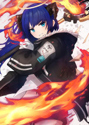 Rule 34 | 1girl, arknights, black jacket, black shorts, blue eyes, blue hair, commentary, cowboy shot, demon horns, floating hair, fur-trimmed hood, fur trim, grin, highres, holding, holding staff, hood, hood down, horns, jacket, long hair, long sleeves, looking at viewer, midriff, mostima (arknights), navel, open clothes, open jacket, originium arts (arknights), parted lips, shirt, shorts, smile, solo, staff, torikaze ito, white background, white shirt