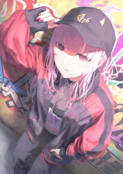 Rule 34 | 1girl, absurdres, baseball cap, black jacket, black pants, breasts, cleavage, gold necklace, graffiti, hand in pocket, hat, highres, hololive, hololive english, jacket, jewelry, large breasts, long hair, looking at viewer, mori calliope, mori calliope (streetwear), multicolored clothes, multicolored jacket, nail polish, necklace, open mouth, pants, pink hair, red eyes, red jacket, see-through, see-through cleavage, shirt, skull print, smile, solo, tokaki, two-tone jacket, virtual youtuber, white shirt