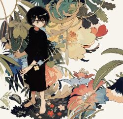 Rule 34 | 1girl, barefoot, black dress, black hair, blue flower, brown eyes, closed mouth, commentary, dress, feet, flower, full body, highres, ka (marukogedago), leaf, looking to the side, original, oversized flower, plant, red flower, short hair, sleeves past elbows, solo, standing, toenails, toes, vines, white background, yellow flower