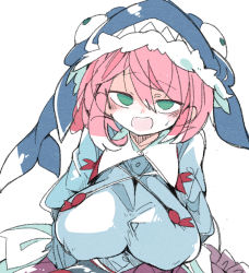 Rule 34 | 1girl, :d, blush, breasts, covered erect nipples, green eyes, hat, huge breasts, looking at viewer, massakasama, okunoda miyoi, open mouth, pink hair, simple background, smile, solo, touhou, upper body, whale hat, white background
