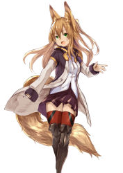 Rule 34 | 1girl, absurdres, animal ears, black footwear, black thighhighs, blush, boots, fang, fox ears, fox tail, green eyes, highres, kokonoe tsubaki, long hair, looking at viewer, open mouth, original, red thighhighs, simple background, skirt, sleeves past wrists, smile, solo, tail, thigh boots, thighhighs, two side up, white background, yoshizawa tsubaki, zettai ryouiki
