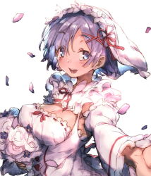 Rule 34 | 10s, 1girl, adapted costume, blue eyes, blue hair, blush, breasts, bridal veil, bride, detached sleeves, dress, flower, hair ornament, hairband, looking at viewer, matching hair/eyes, open mouth, outstretched arm, outstretched hand, petals, re:zero kara hajimeru isekai seikatsu, red ribbon, redcomet, rem (re:zero), ribbon, ribbon-trimmed clothes, ribbon trim, short hair, smile, solo, tears, veil, x hair ornament